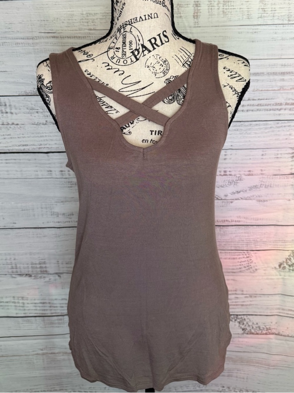 Mocha Crisscross V-Neck Women's Tank Top from pulse boutique size small